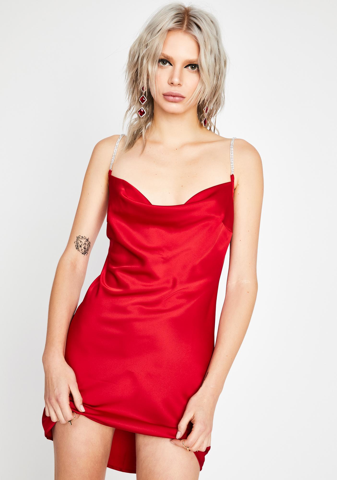 red satin cowl neck mini dress