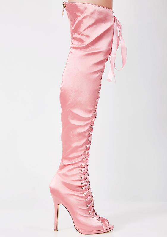 pink satin thigh high boots