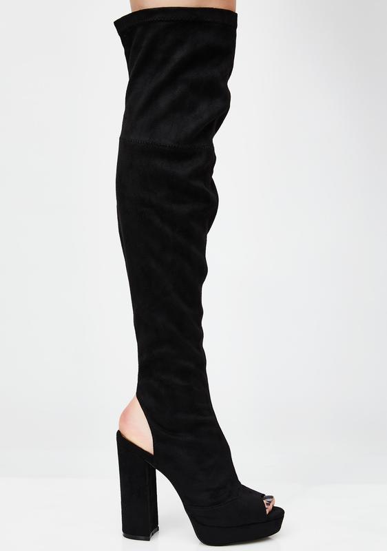 high knee open toe boots