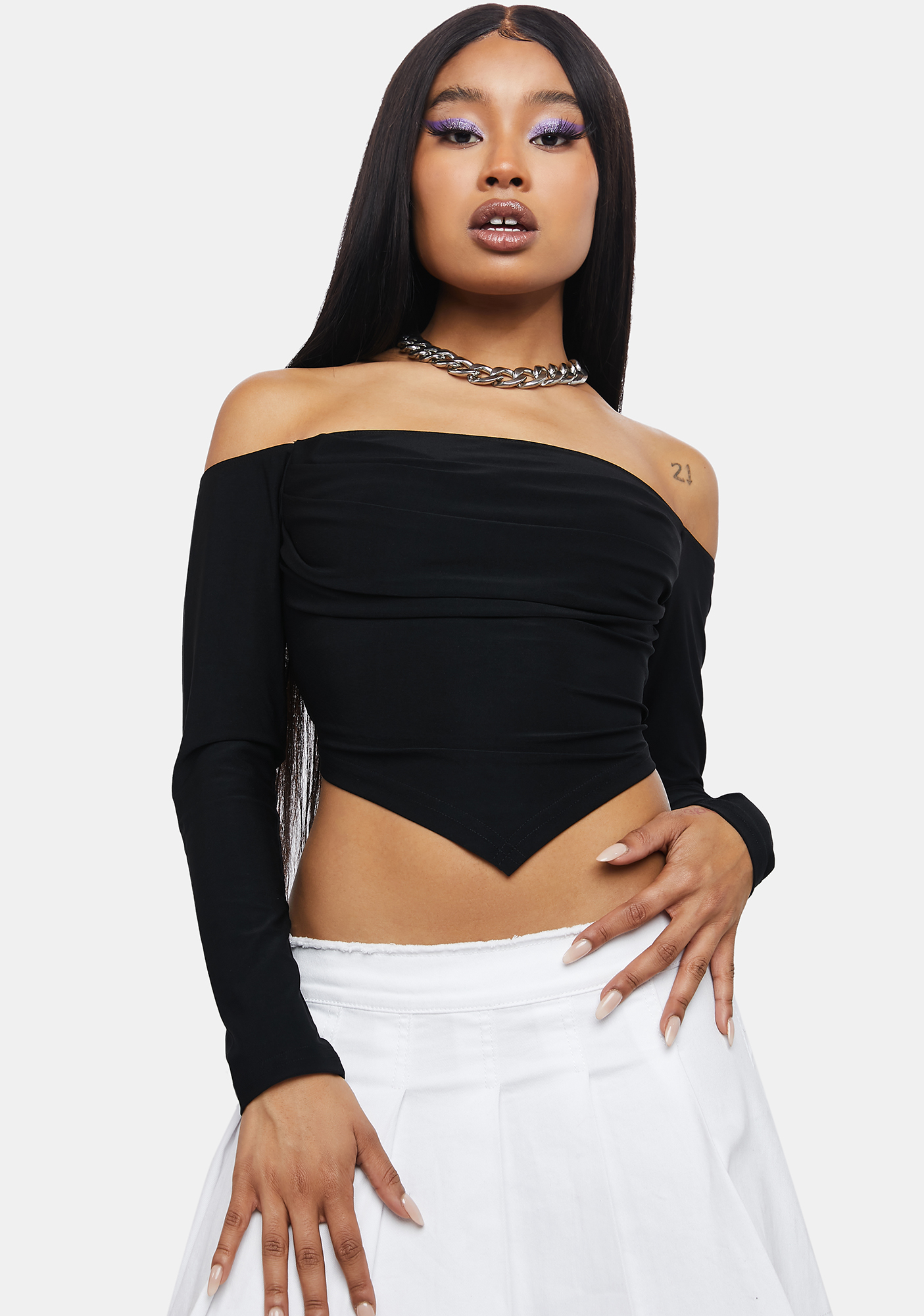 Off The Shoulder Handkerchief Hem Crop Top - Black | Dolls Kill