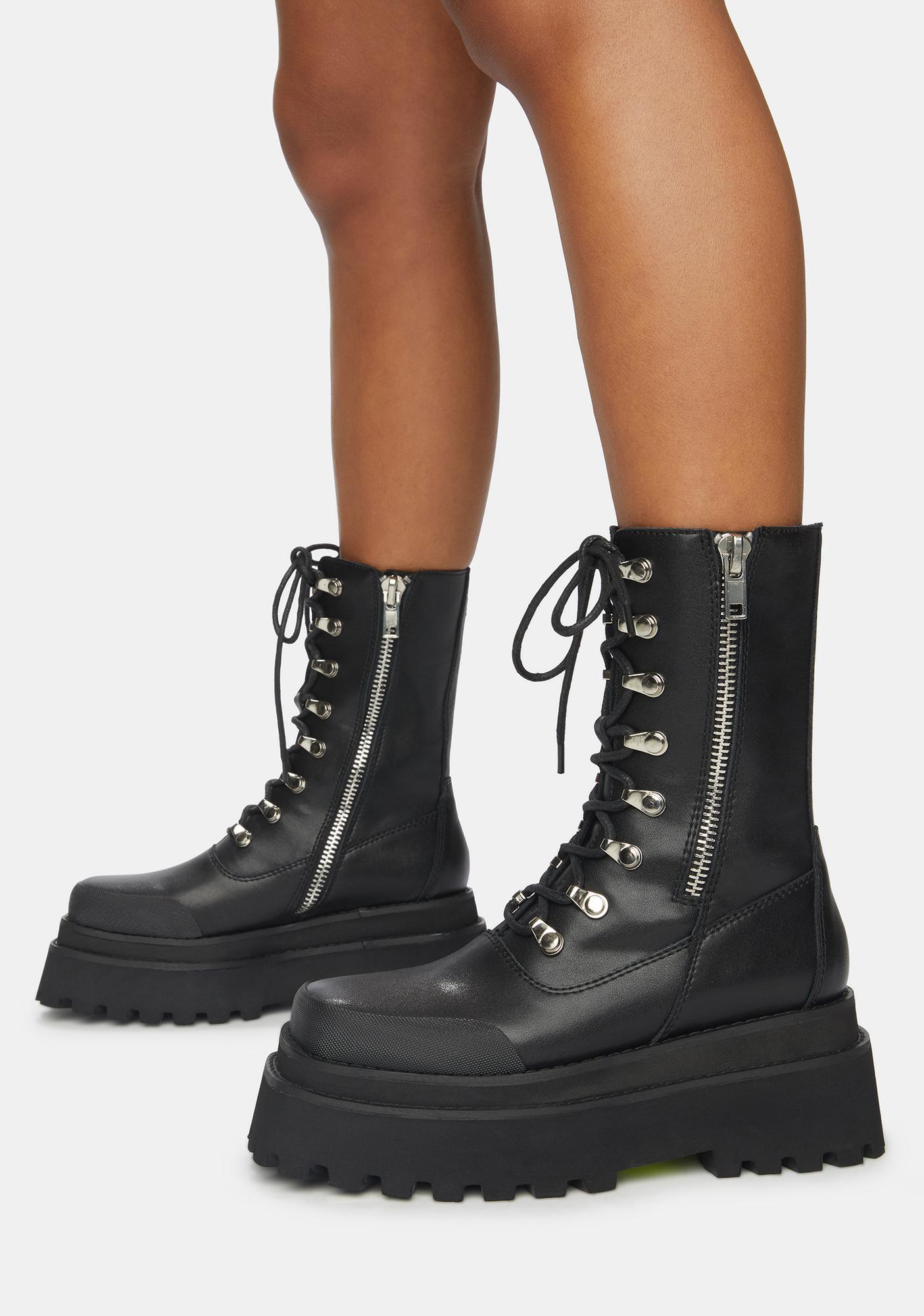Darker Wavs Unisex Leather Square Toe Combat Boots - Black | Dolls Kill