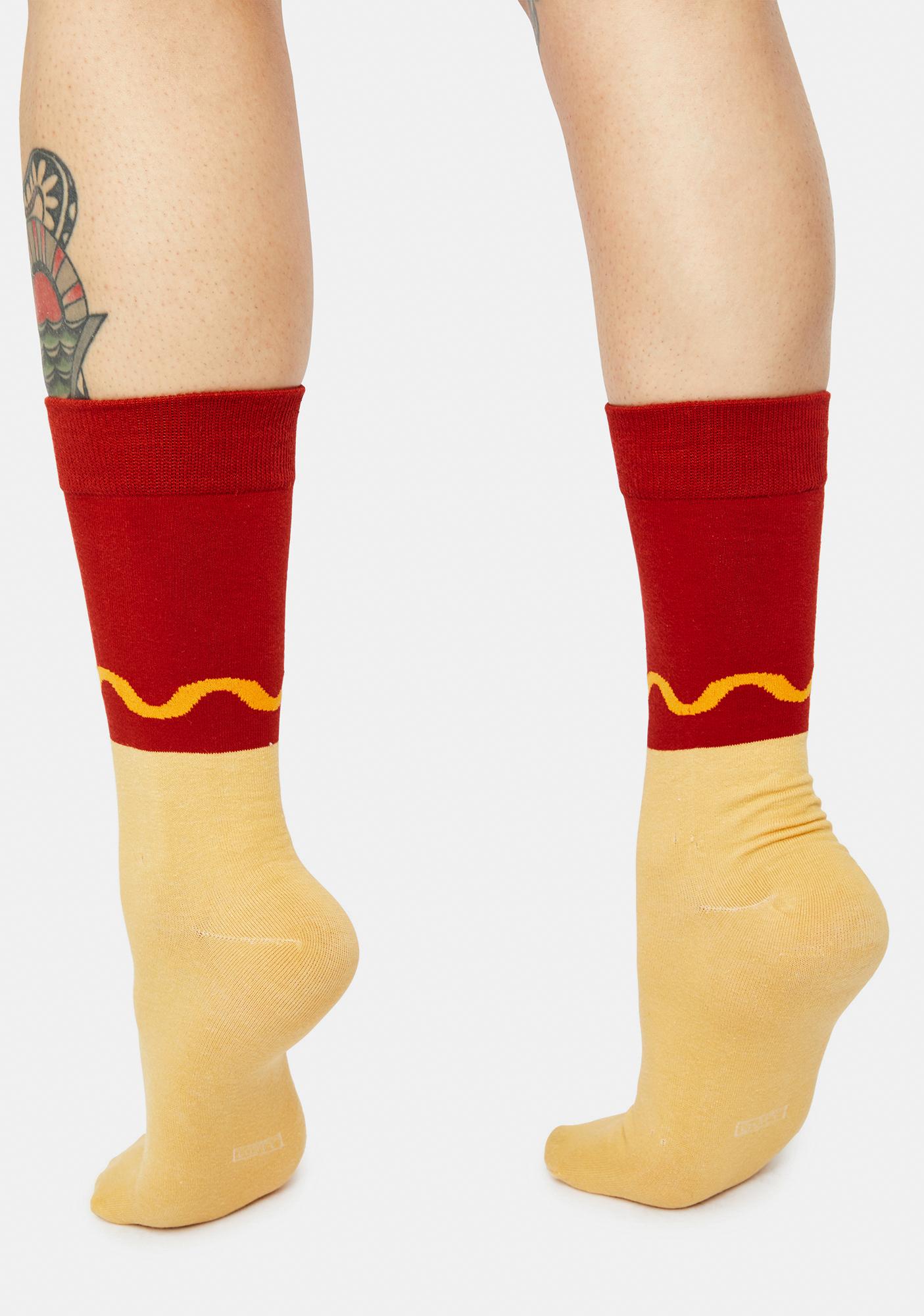 Hot Dog Print Graphic Crew Socks Red/Yellow Dolls Kill