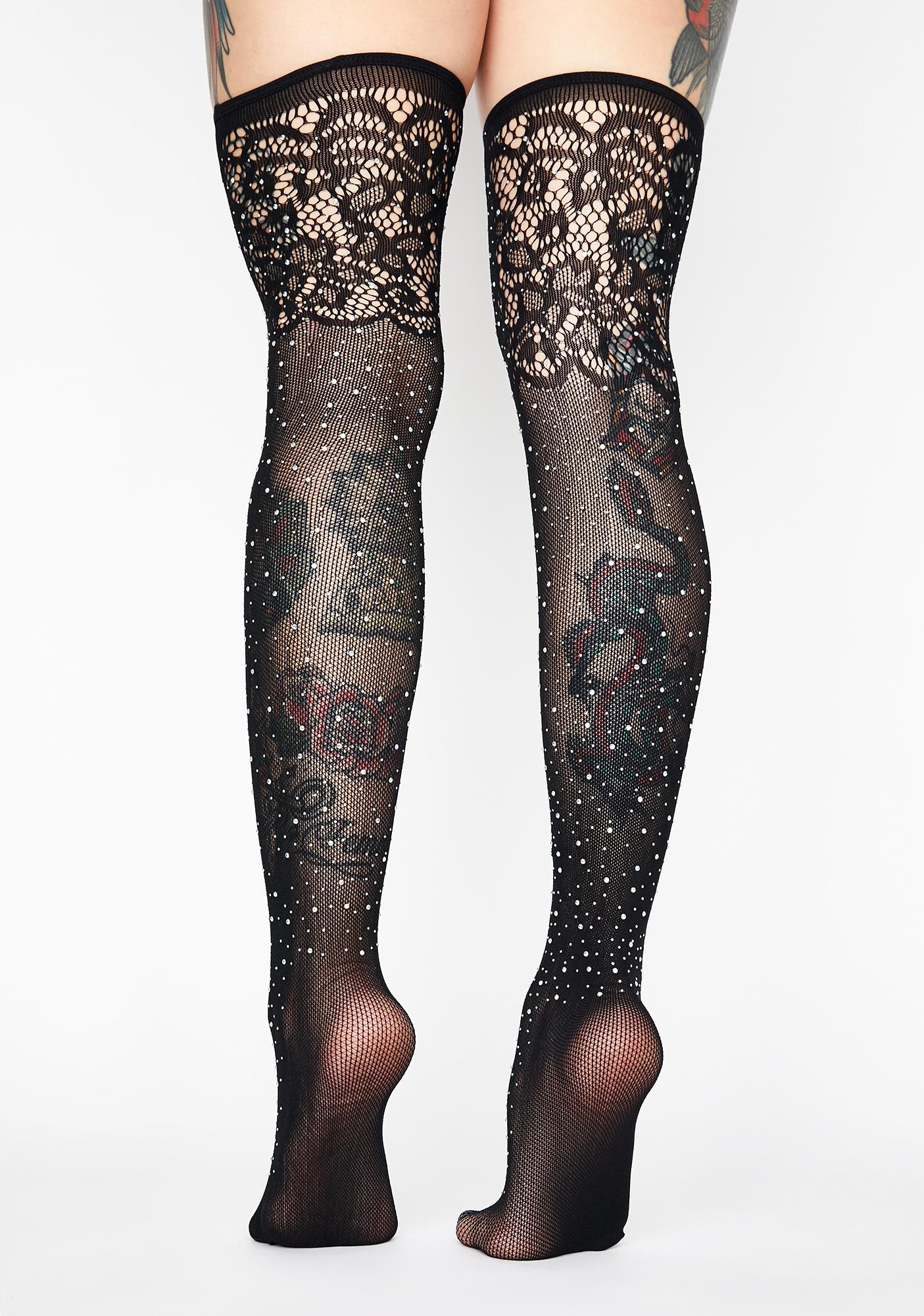 Rhinestone Lace Fishnet Thigh High Sheer Stockings Black | Dolls Kill