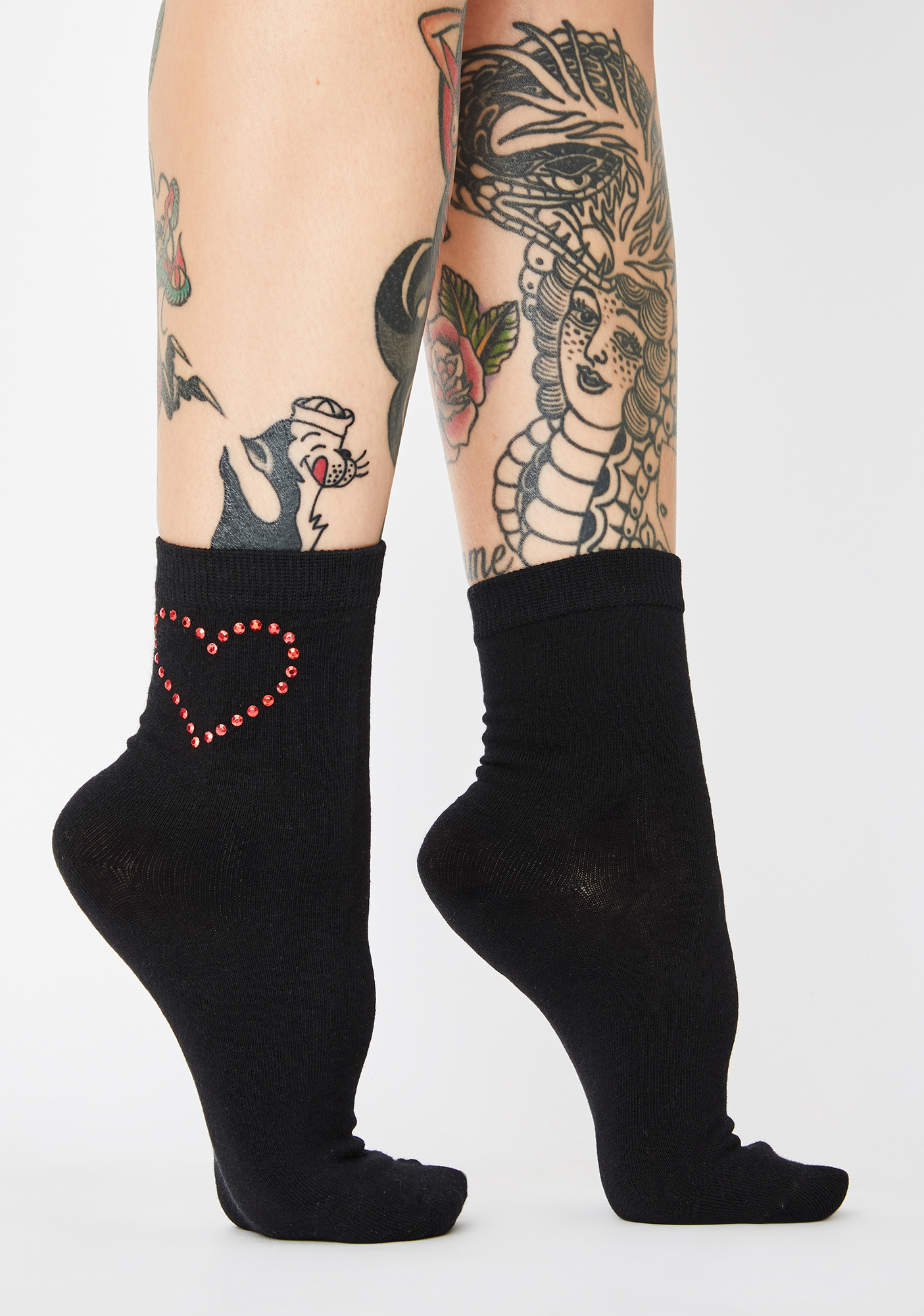 Rhinestone Heart Crew Socks Black | Dolls Kill