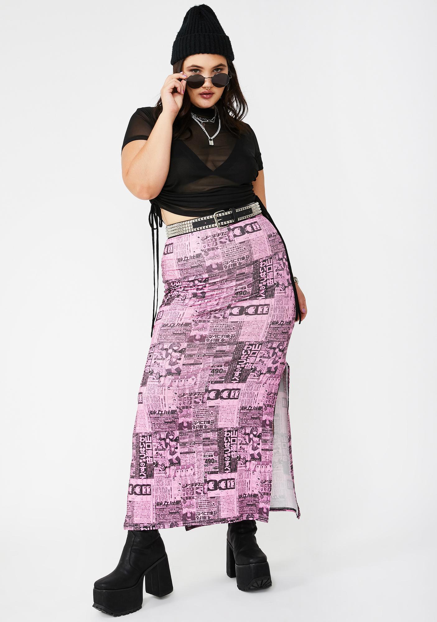 Plus Size New Girl Order Newspaper Print Maxi Skirt Pink | Dolls Kill