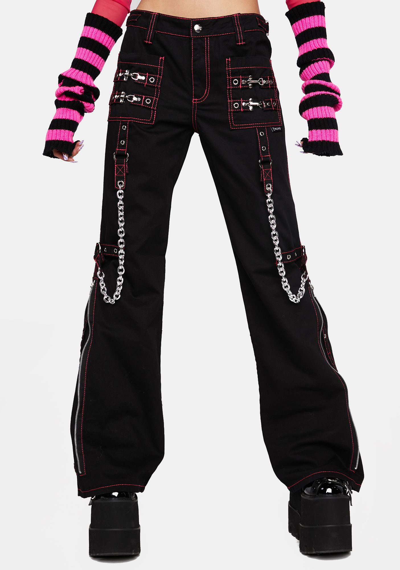 Tripp NYC Pink Stitching Chain Flare Pants - Black | Dolls Kill