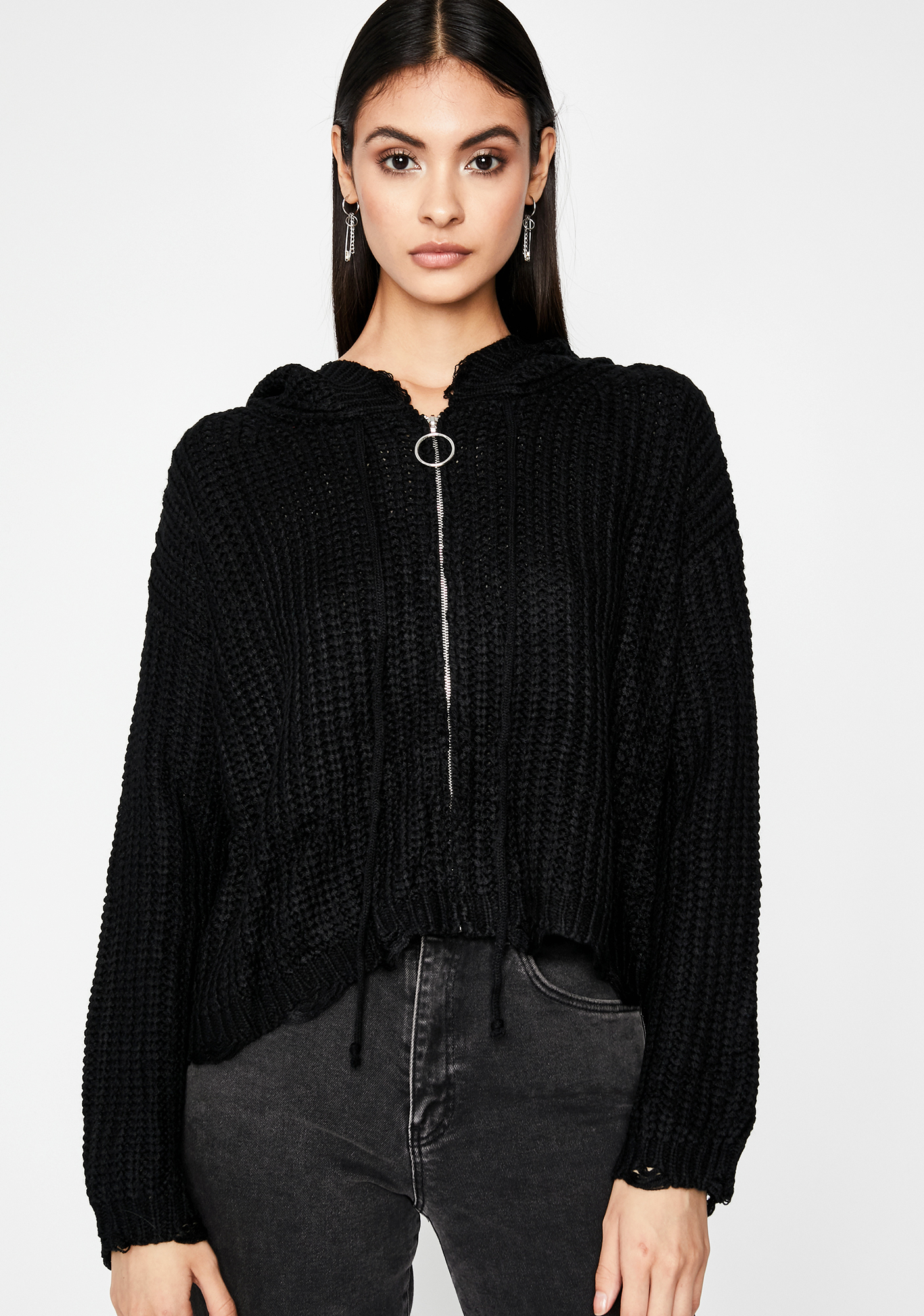 Black Chunky Knit Crop Zip Up Hoodie Dolls Kill