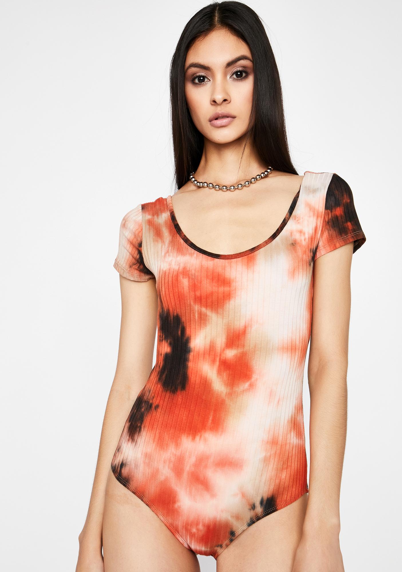 Tie Dye Ribbed Knit Short Sleeve Bodysuit Orange Black Multi | Dolls Kill