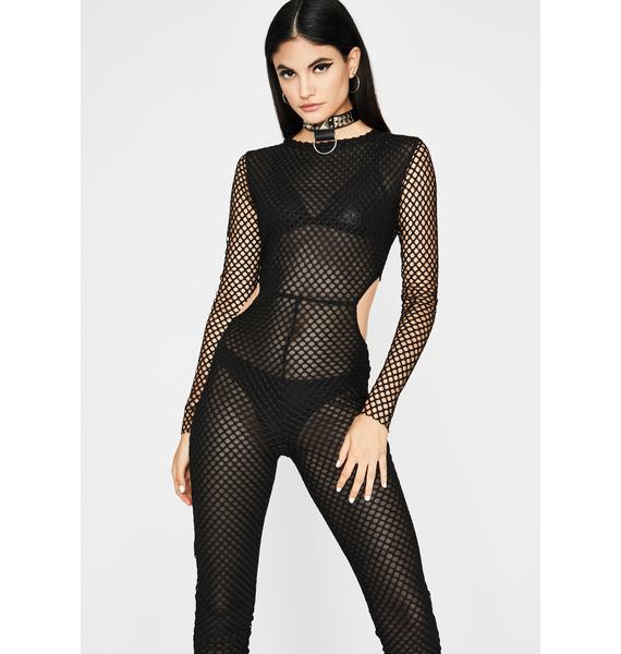 Fishnet Cut Out Long Sleeve Catsuit Black | Dolls Kill