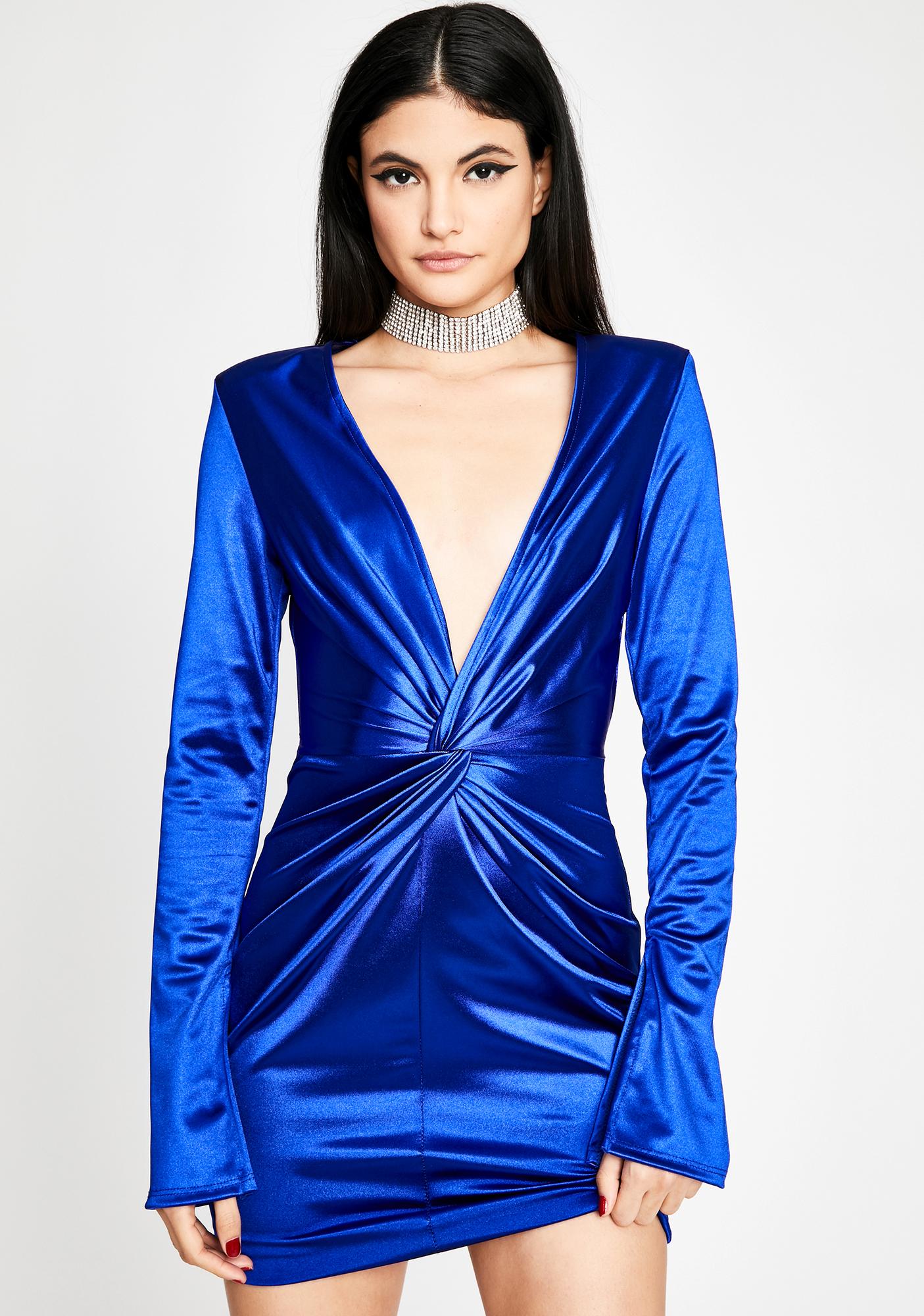 long sleeve blue satin dress