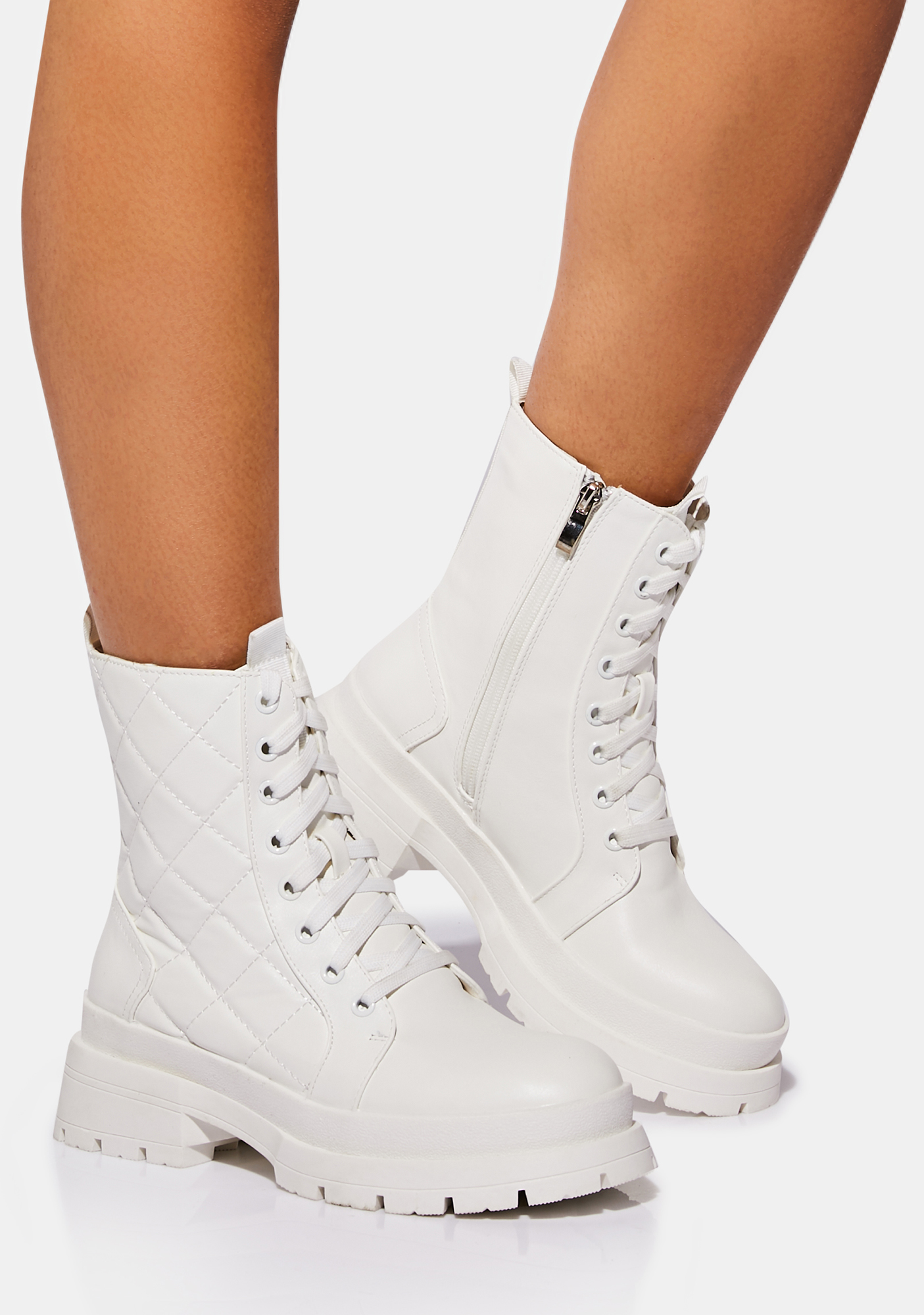 Vegan Leather Quilted Combat Boots - White | Dolls Kill
