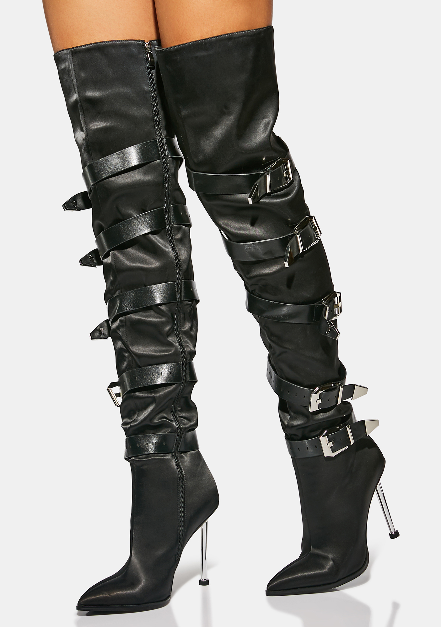 Azalea Wang Satin Knee High Buckle Strap Stiletto Boots - Black | Dolls