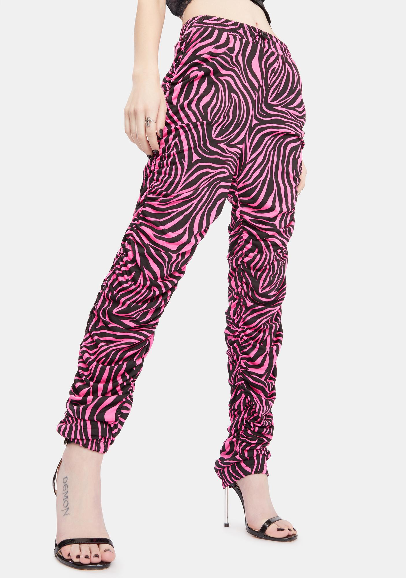 Ruched Low Rise Zebra Print Jogger Pants Royal Pink | Dolls Kill