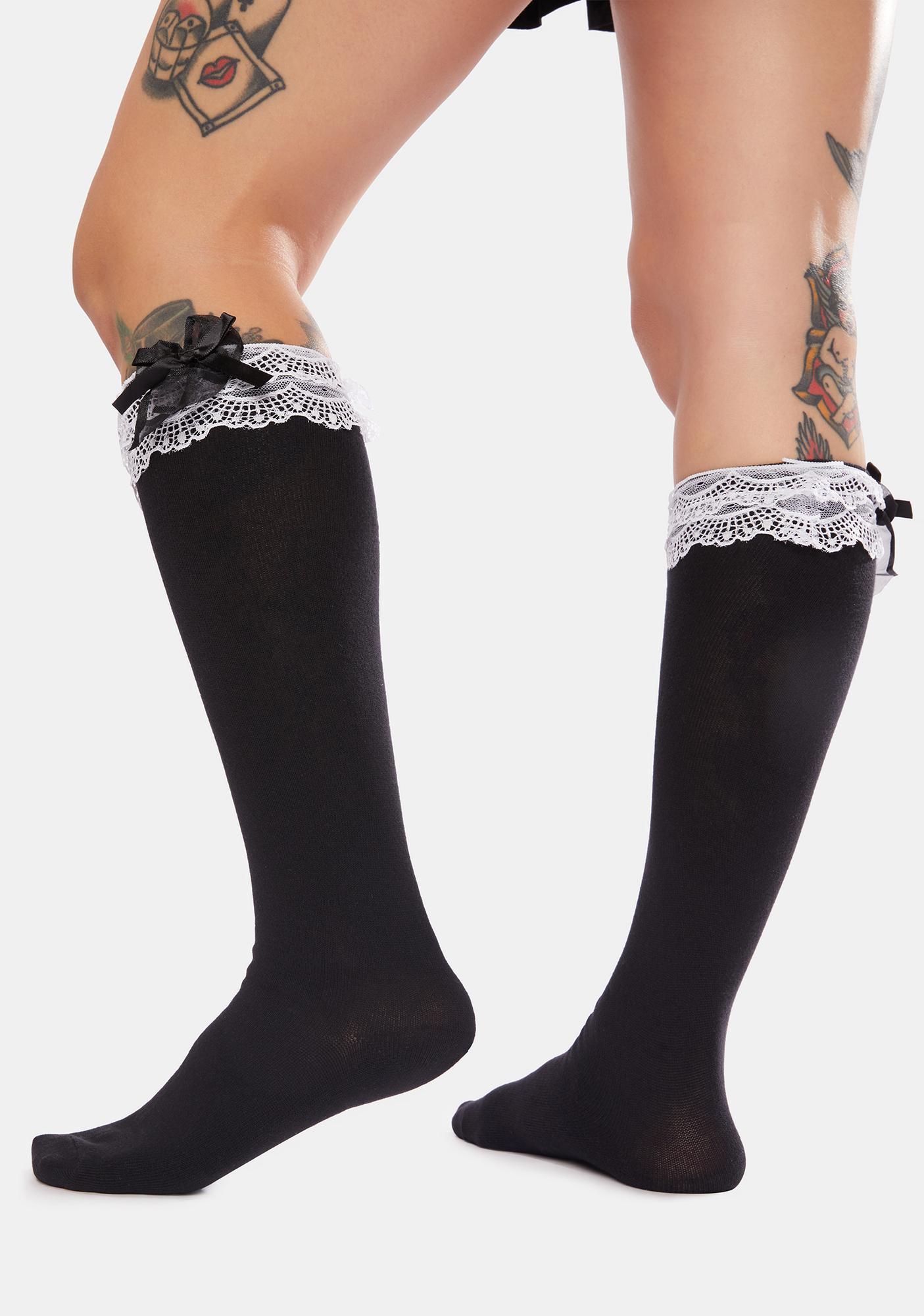 Knee High White Socks With Lace Trim Black Dolls Kill