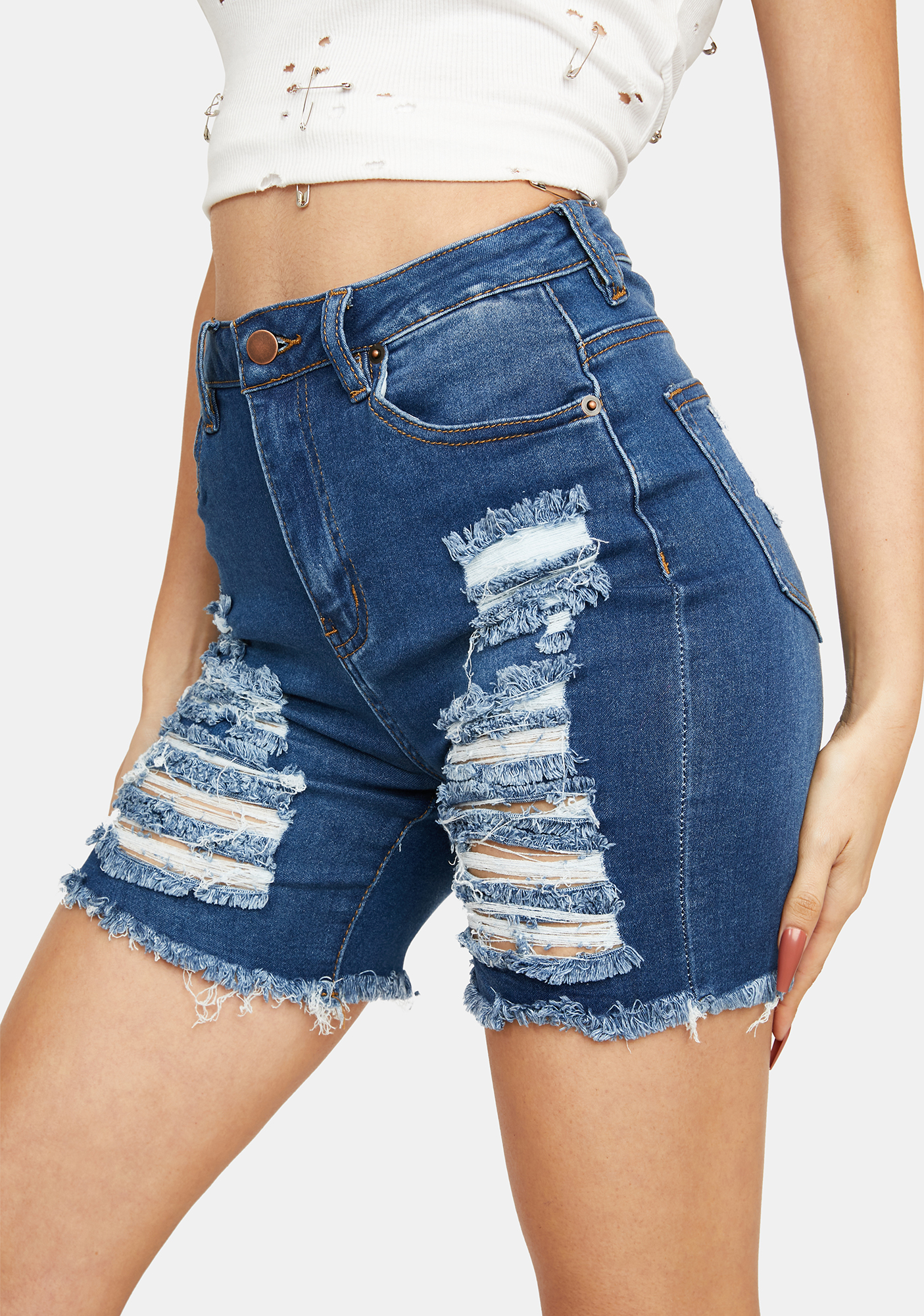 Front And Back Distressed Denim Shorts - Blue | Dolls Kill