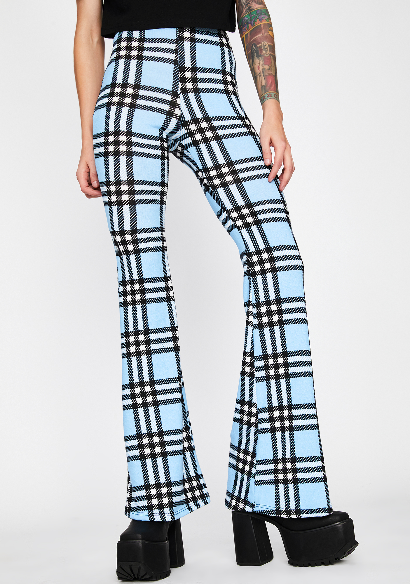 blue plaid flare pants