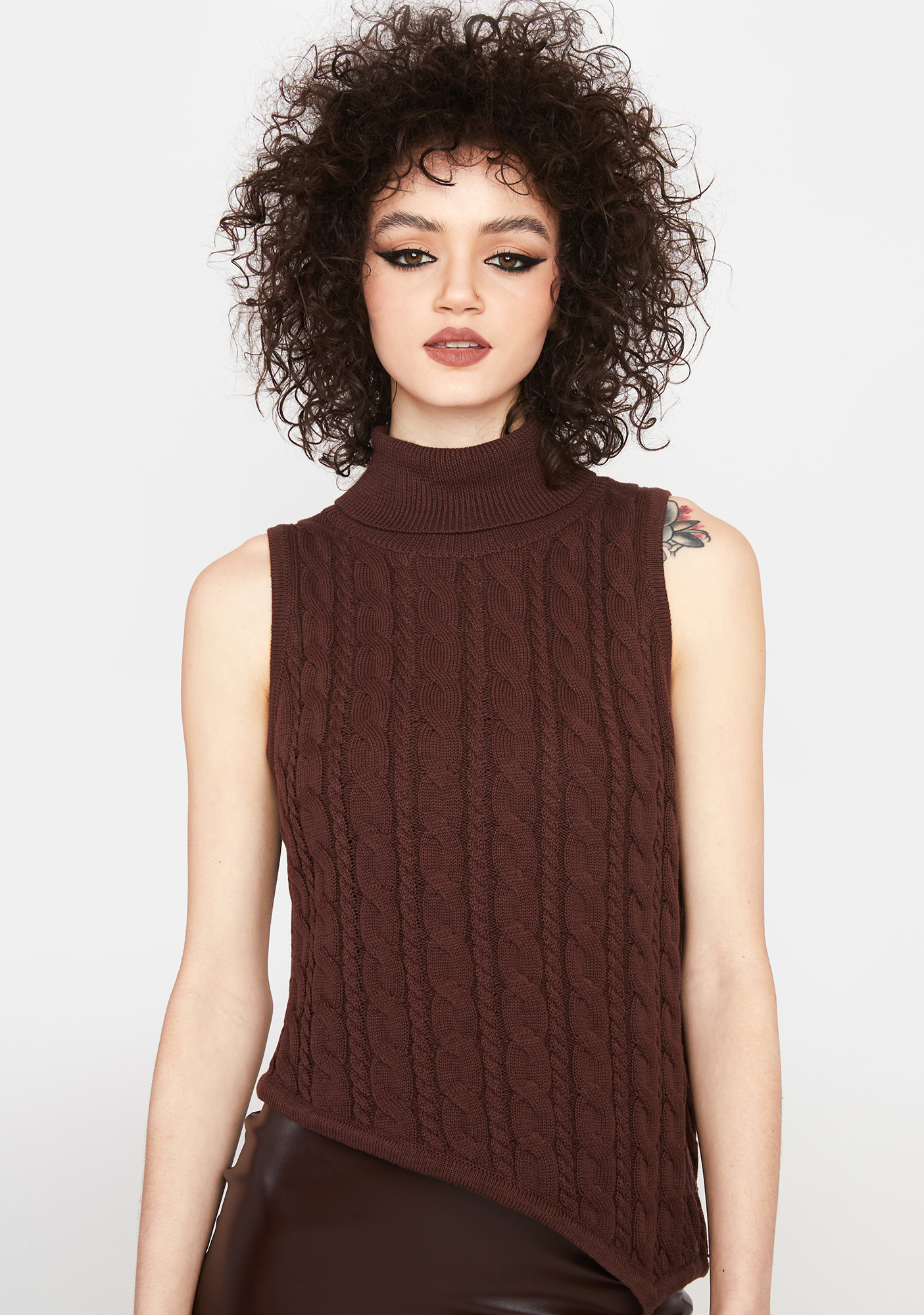 Asymmetric Hem Turtleneck Sleeveless Knit Sweater Brown Dolls Kill 