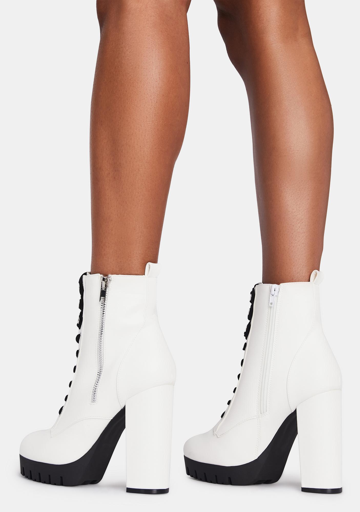 Platform Ankle Lace Up Block Heel Boots - White | Dolls Kill