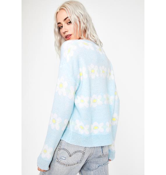 Pastel Blue Daisy Patterned 90s Knit Sweater Dolls Kill