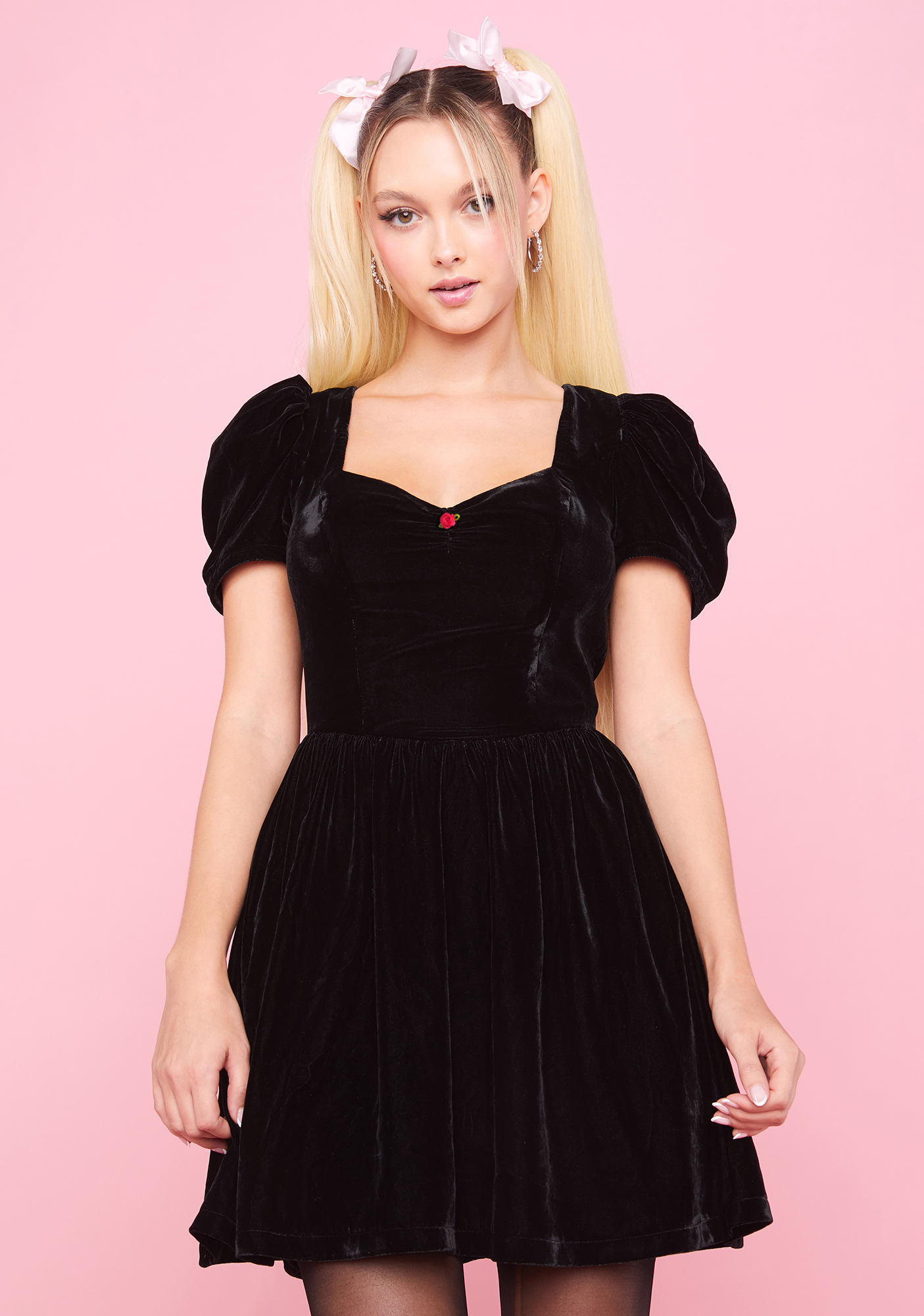 Sugar Thrillz Velvet Puff Sleeve Sweetheart Mini Dress Black Dolls Kill