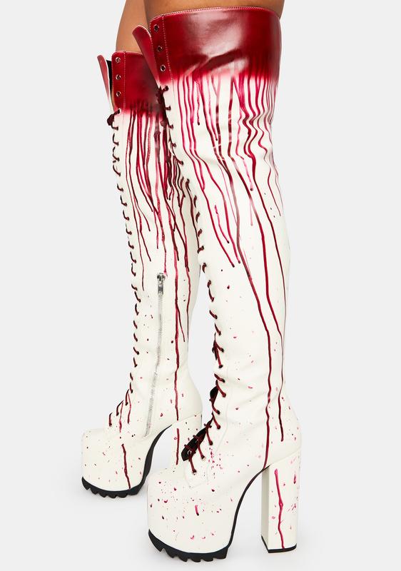 Halloween Dolls Kill Dripping Blood Thigh High Boots - Red/White Halloween Dolls Kill Dripping Blood Thigh High Boots - Red/White