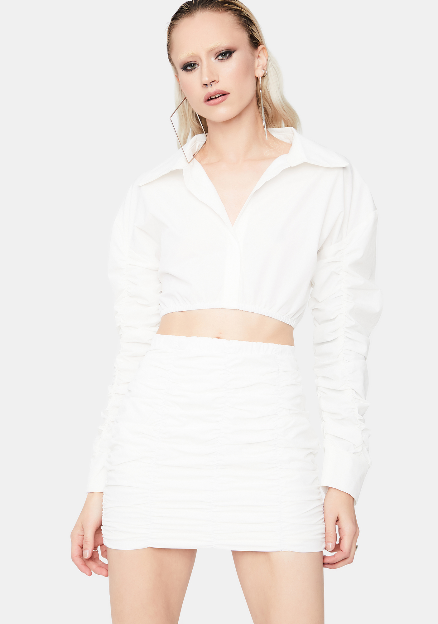 Ruffle Ruched Crop Top Skirt Set - White | Dolls Kill