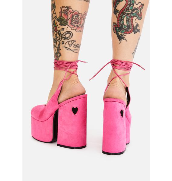Lamoda Faux Suede Heart Lace Up Platform Heels - Pink | Dolls Kill