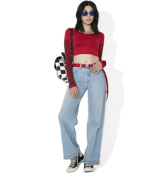 Long Sleeve Checkerboard Crop Top Red | Dolls Kill