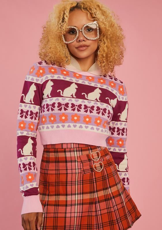 Sugar Thrillz Cat Fair Isle Crop Sweater - Pink | Dolls Kill
