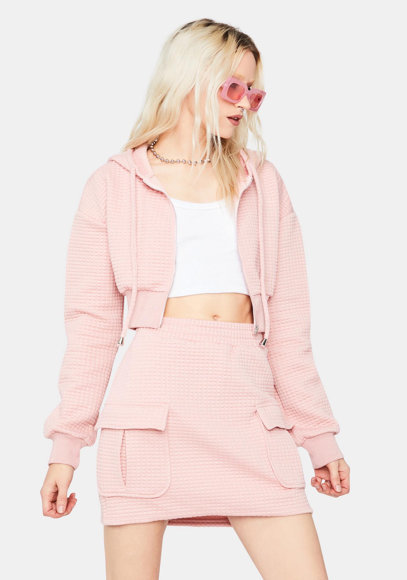 Waffle Knit Crop Hoodie And Cargo Skirt Set Pink Dolls Kill