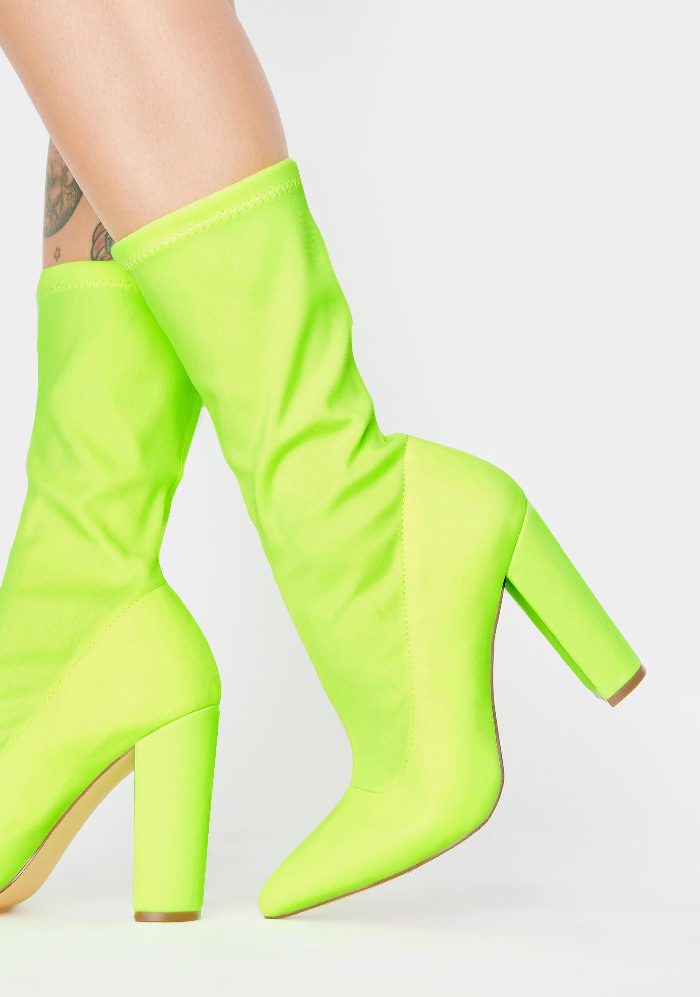 Neon Green Pointed Toe Block Heel Boots 
