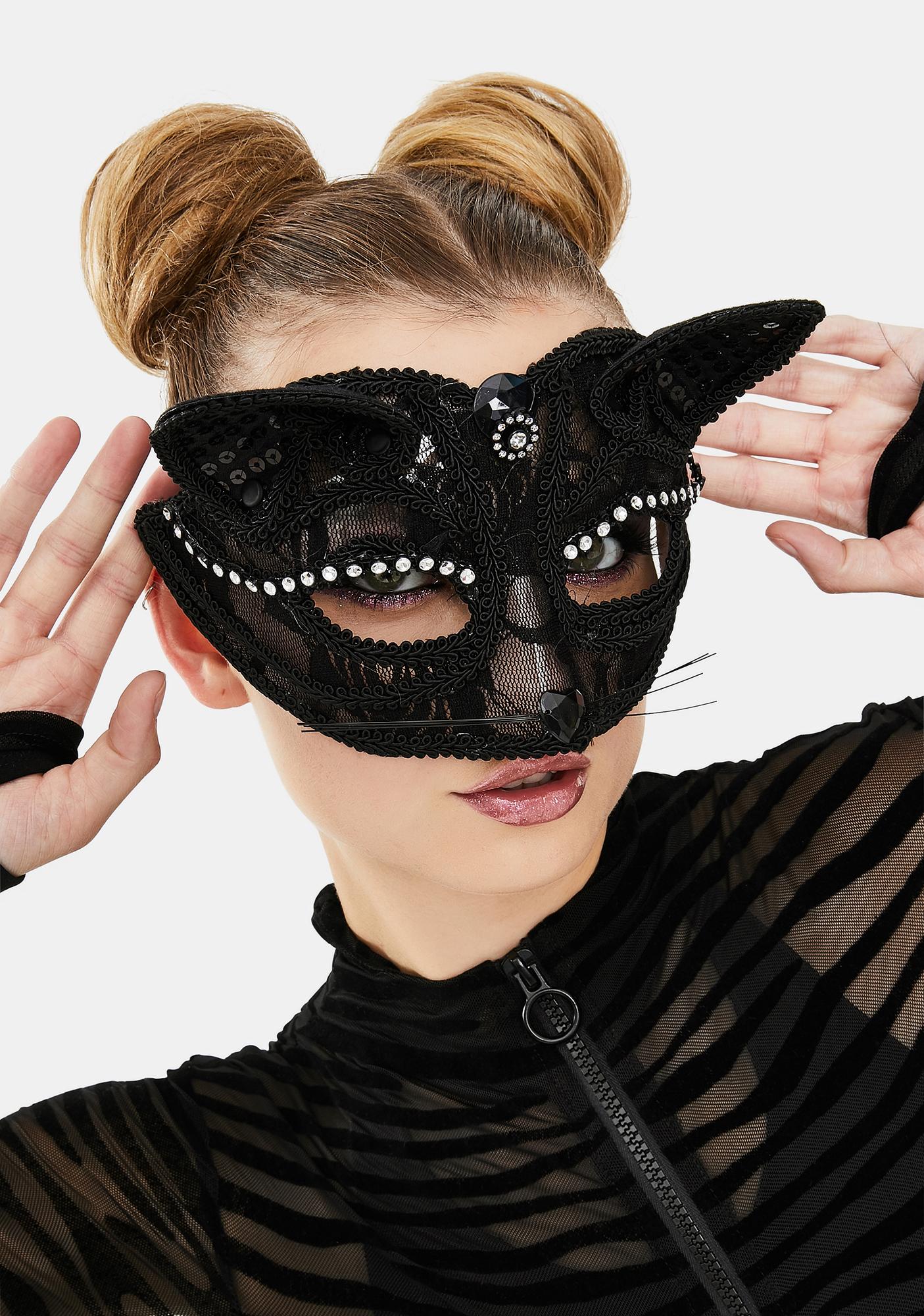 Halloween Lace Cat Masquerade Mask - Black | Dolls Kill