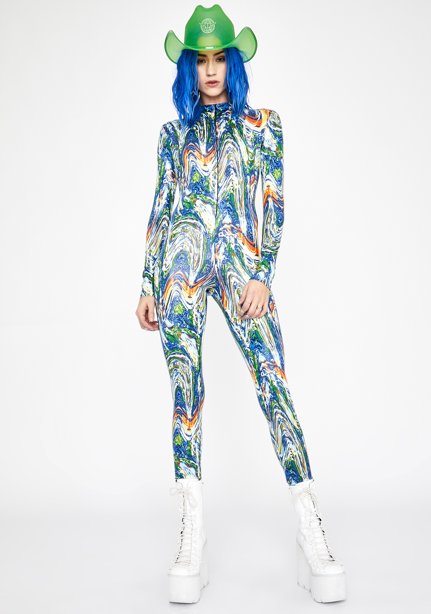 Long Sleeve Jumpsuit Catsuit Trippy Paint Drip Print Rave Blue Dolls Kill
