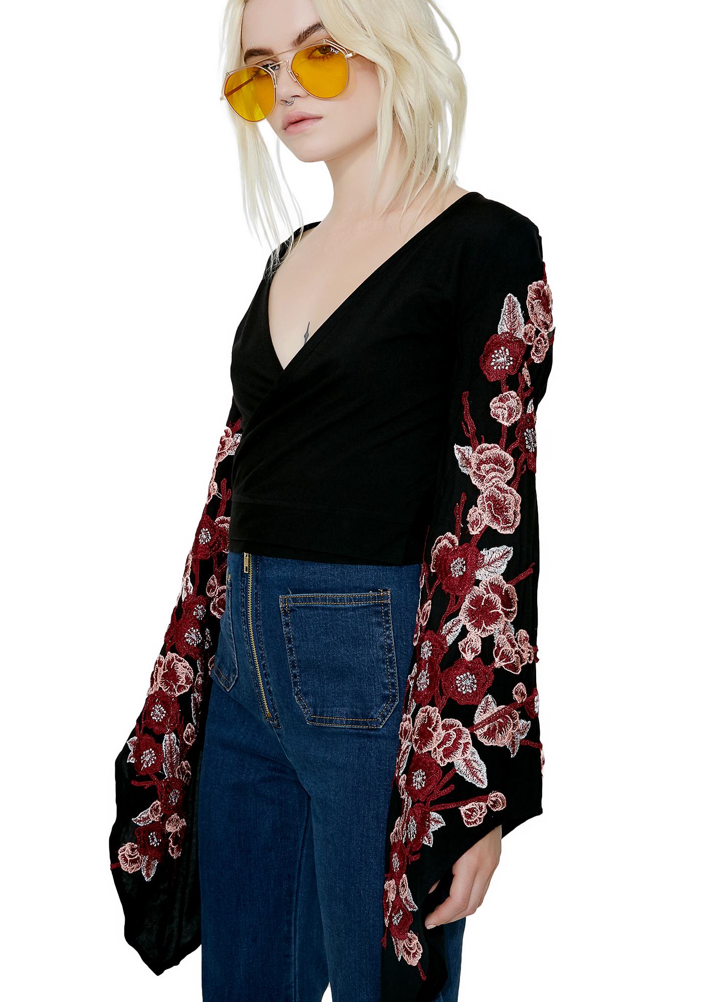 Floral Embroidered Black Wrap Top | Dolls Kill