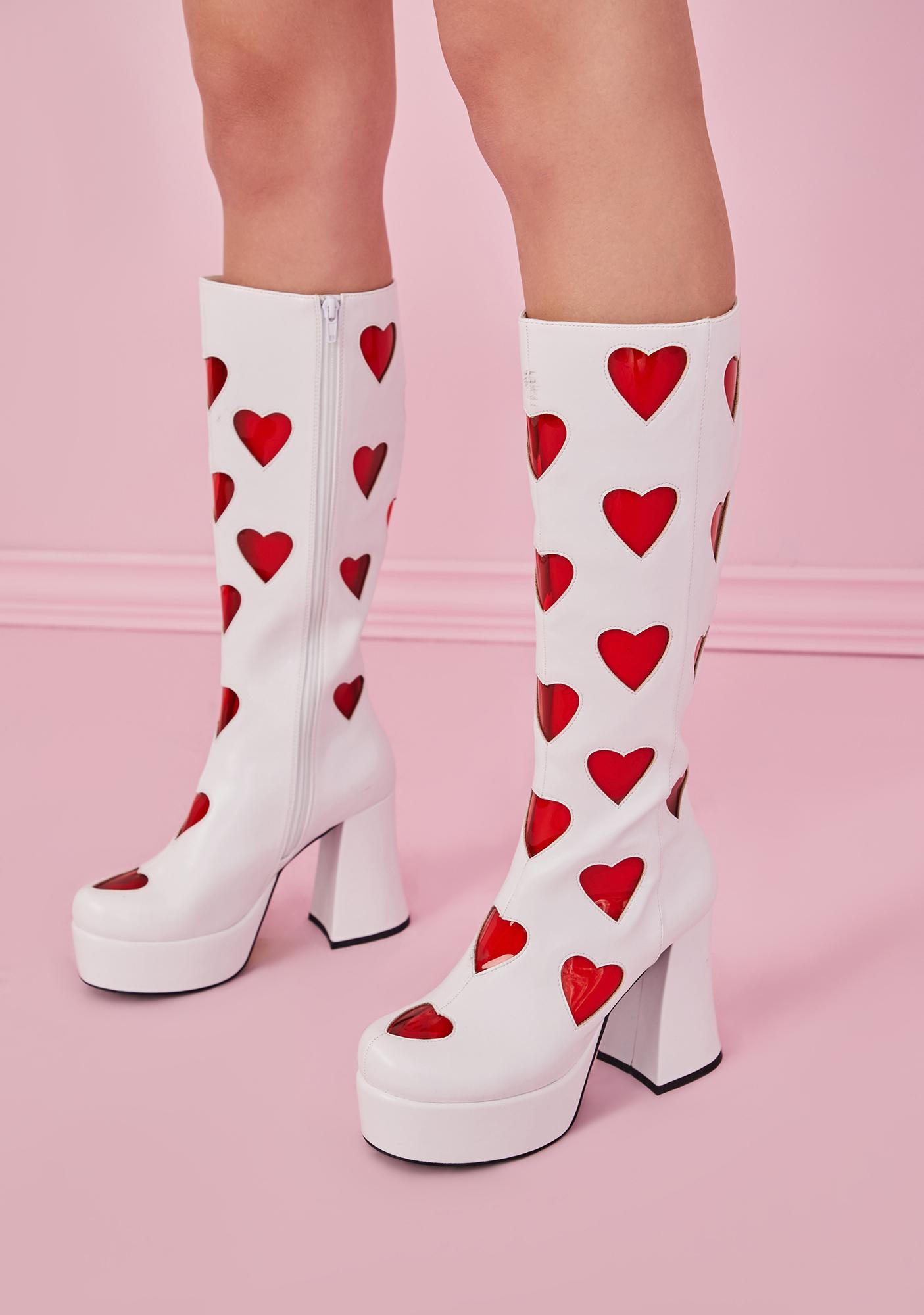 Sugar Thrillz Heart Gogo Boots White Red Dolls Kill