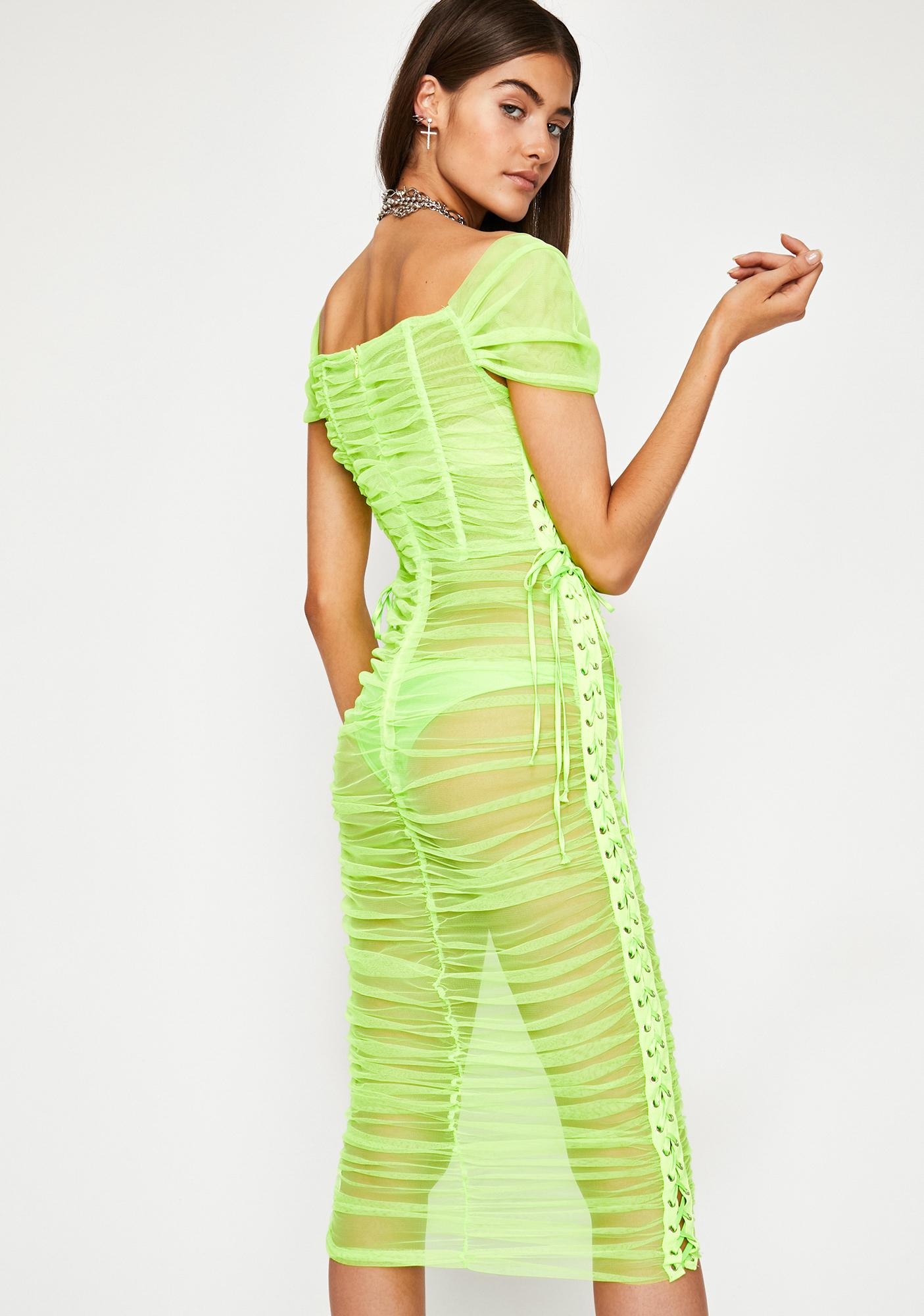 Neon Green Sheer Ruched Lace-Up Midi Dress | Dolls Kill