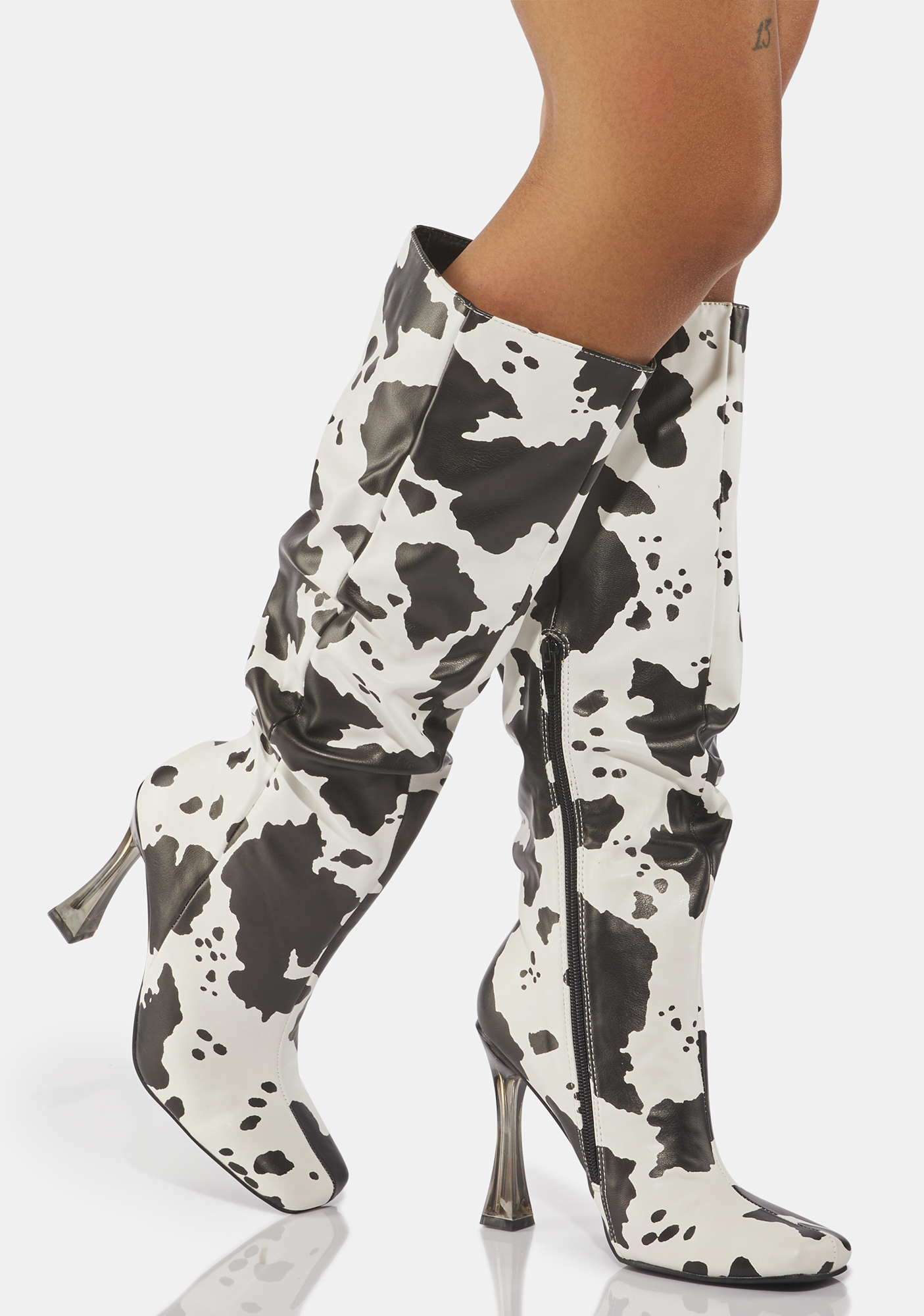 Cow Print Vegan Leather Baggy Knee High Boots | Dolls Kill