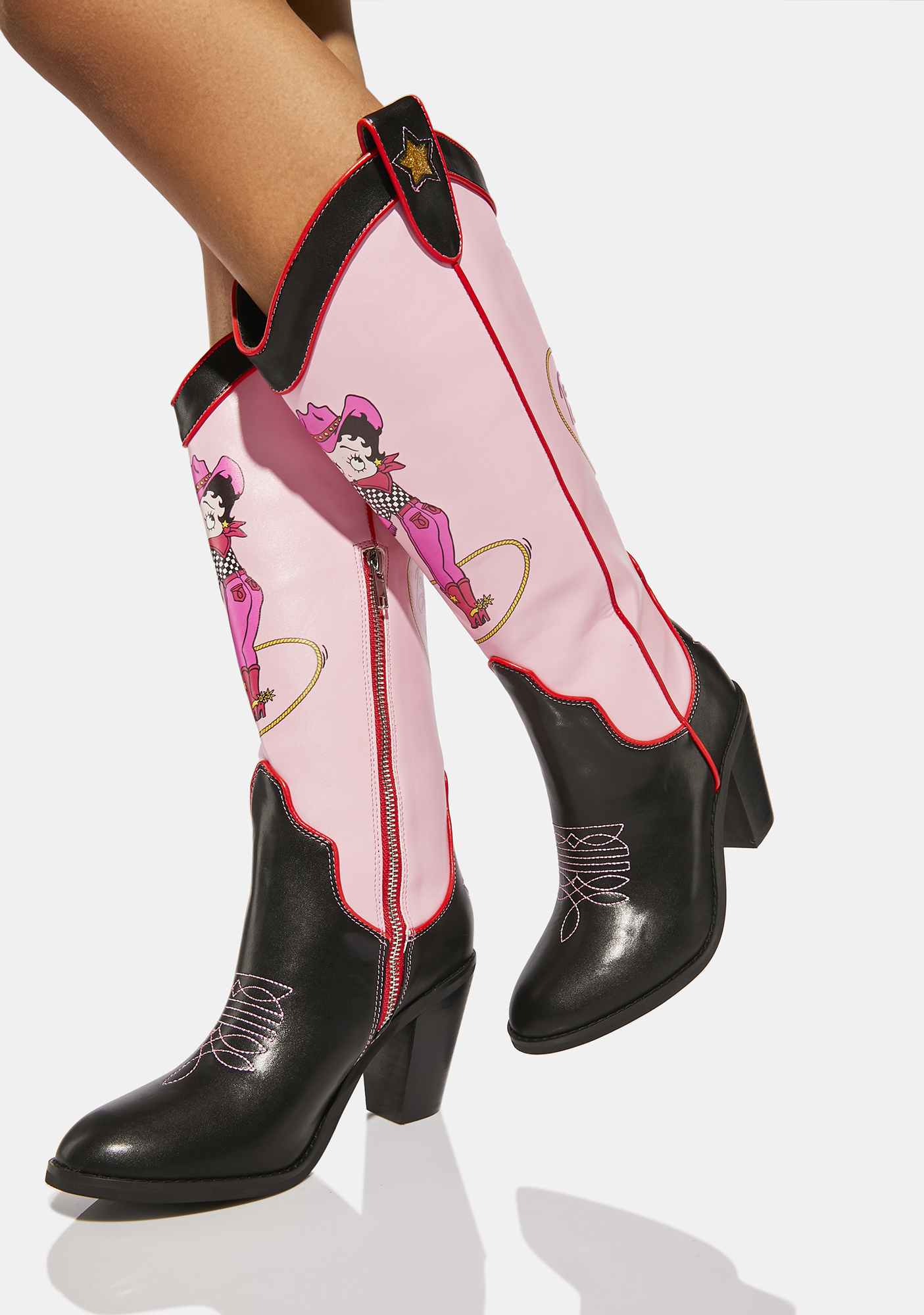 Dolls Kill x Betty Boop Side Zip Cowboy Boots Pink Dolls Kill