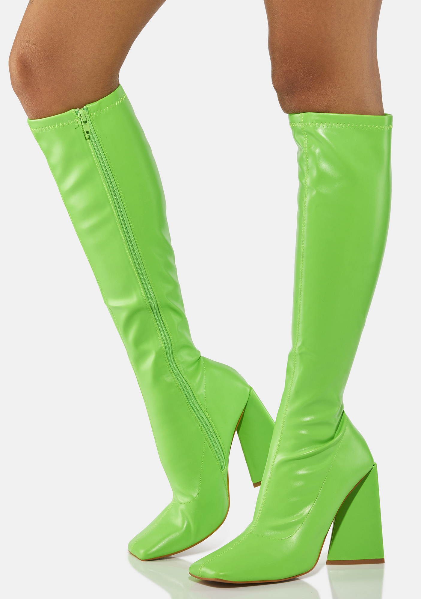 Vegan Leather Knee High Square Toe Chunky Heel Boots Green | Dolls Kill
