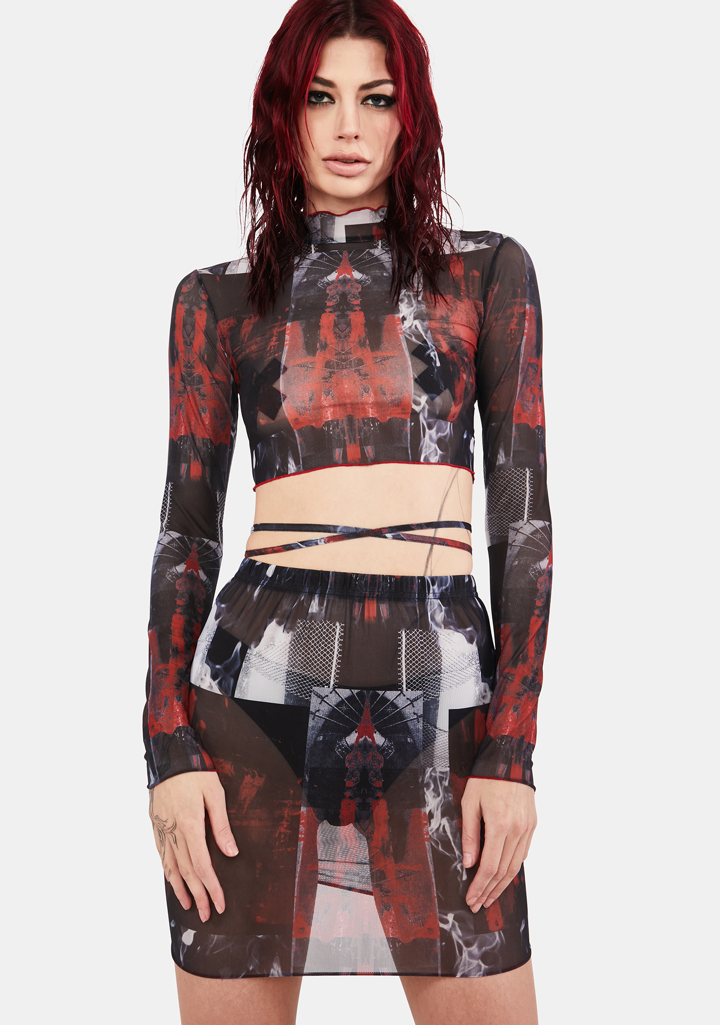FAN ALL FLAMES Mesh Graphic Top And Skirt Set Black Dolls Kill