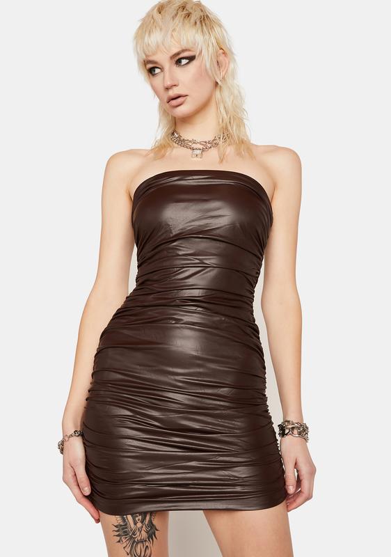 Vegan Leather Strapless Ruched Mini ...