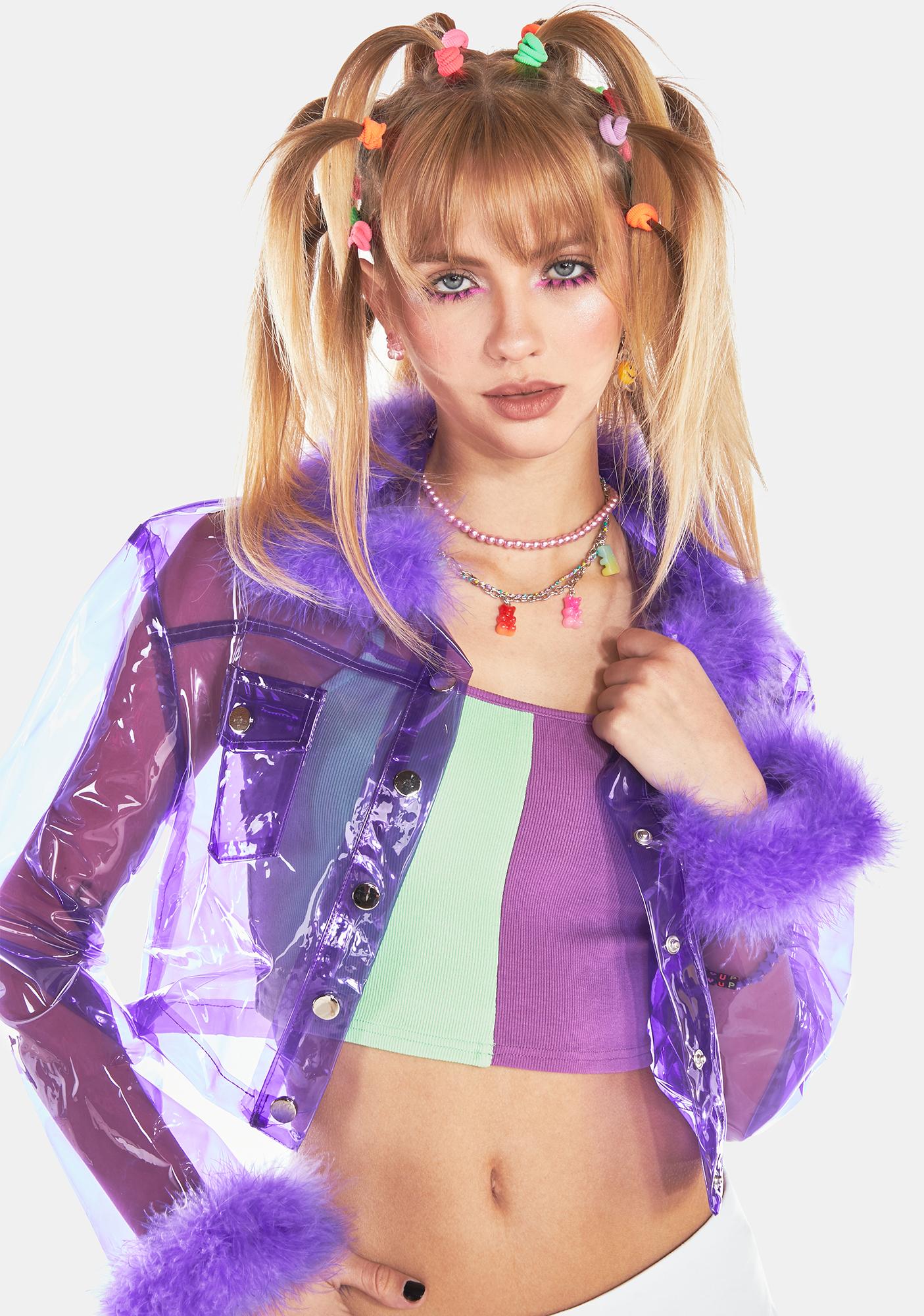 Marabou Trim Clear Vinyl Trucker Jacket Purple Dolls Kill