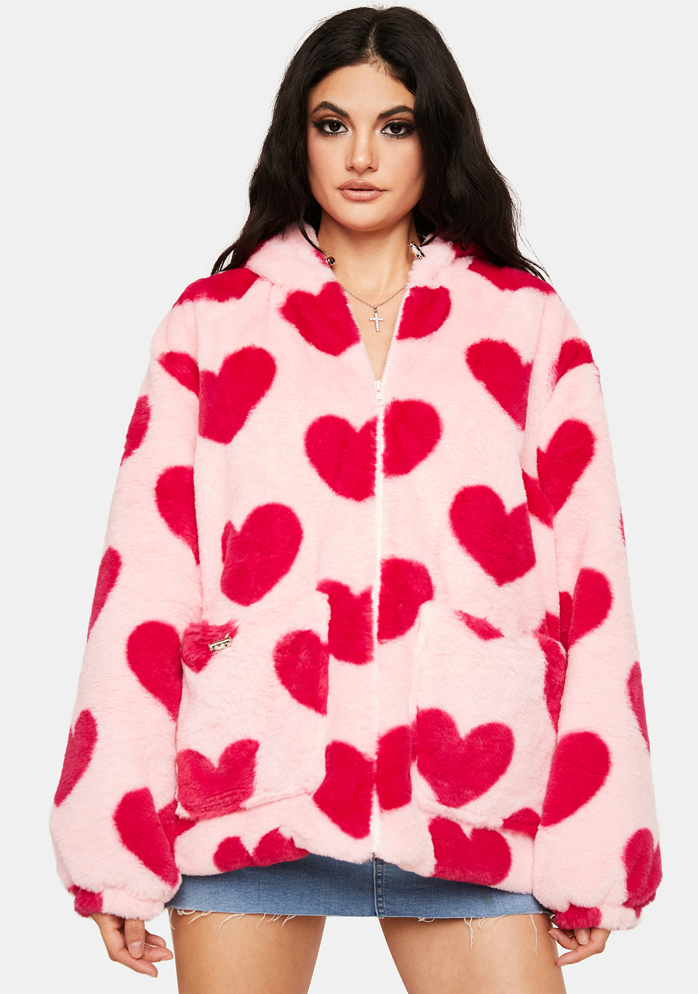 Heart Print Fuzzy Hoodie Jacket - Pink | Dolls Kill