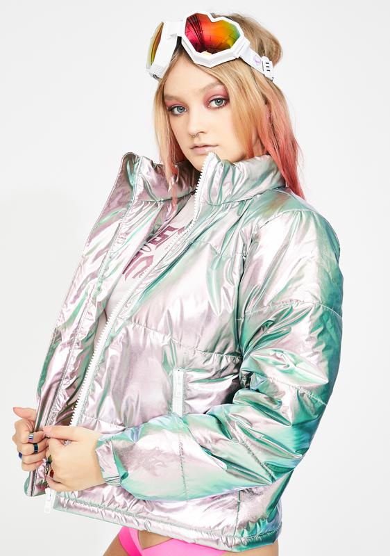 Club Exx Metallic Silver Pink Iridescent Puffer Jacket | Dolls Kill