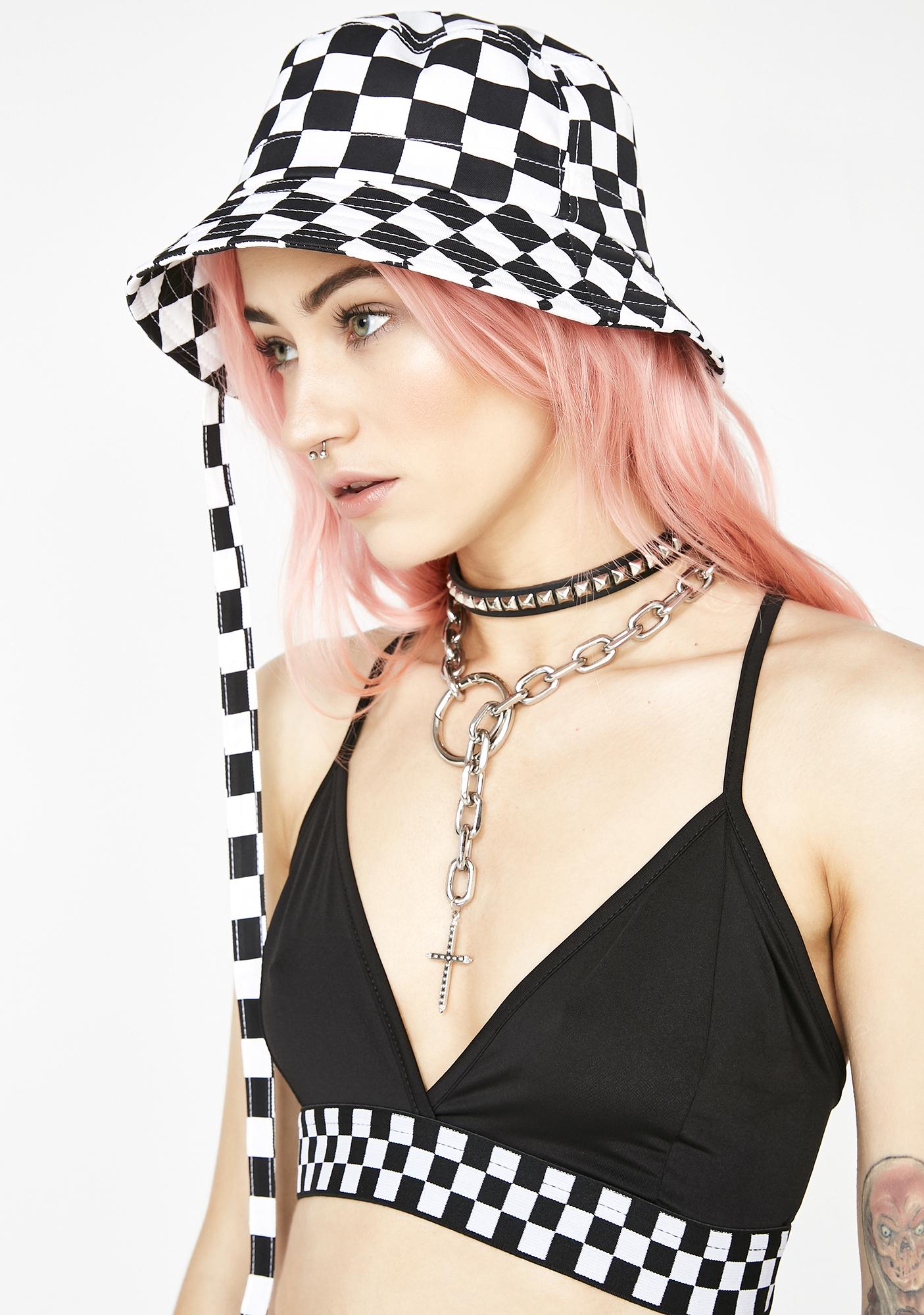 black and white checkered bucket hat