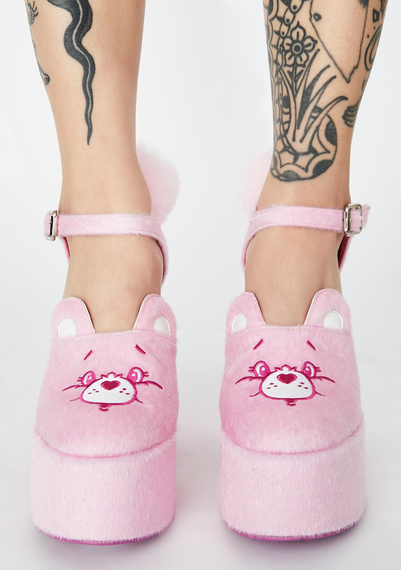 Dolls Kill X Care Bears Embroidered Faux Fur Platform Heels - Pink