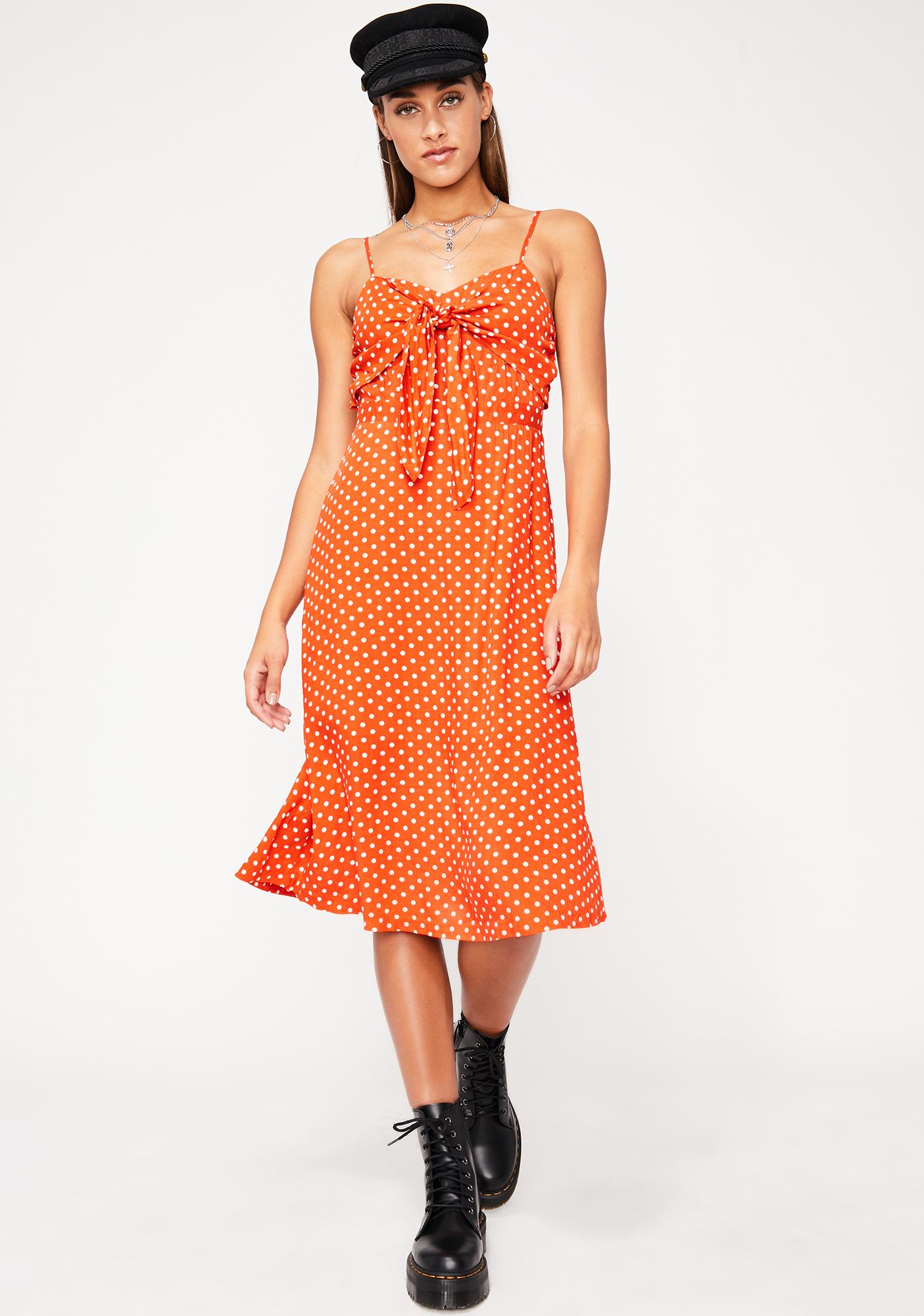 orange polka dot midi dress