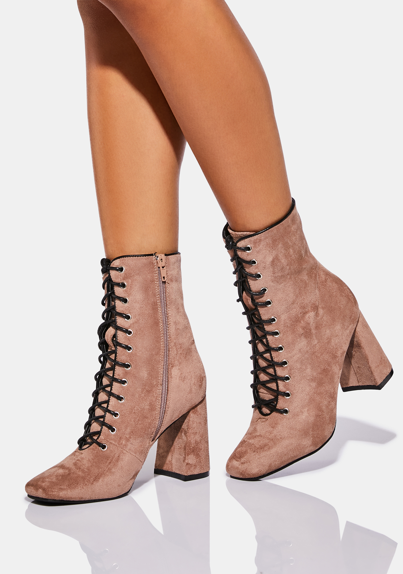 Faux Suede Lace Up Block Heel Ankle Boots - Beige | Dolls Kill