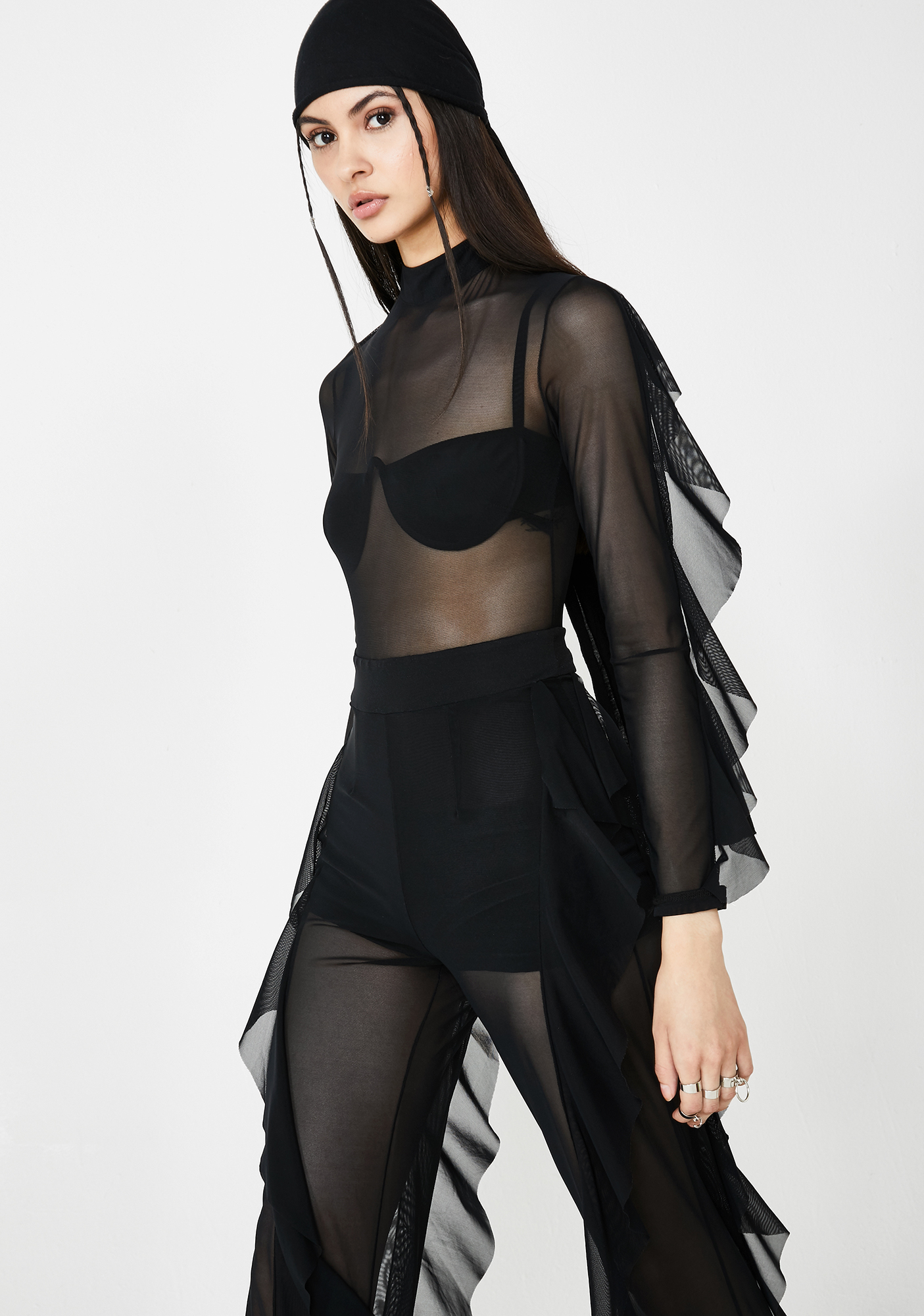 Mesh Catsuit Long Sleeve Ruffle Black | Dolls Kill