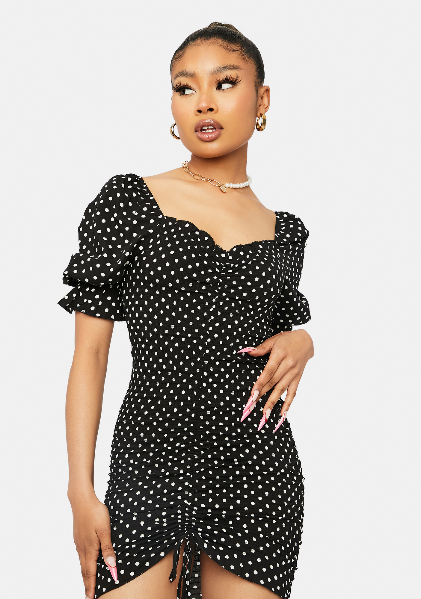 Polka Dot Puff Sleeve Mini Dress With Drawstring | Dolls Kill